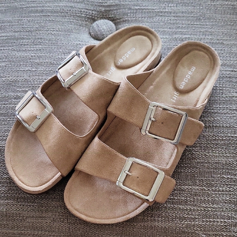 Madden Girl Tan Sandals with Silver Buckles